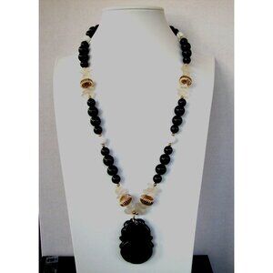 Black & Gold Beaded Necklace 24" With Carved Flower Pendant 2"